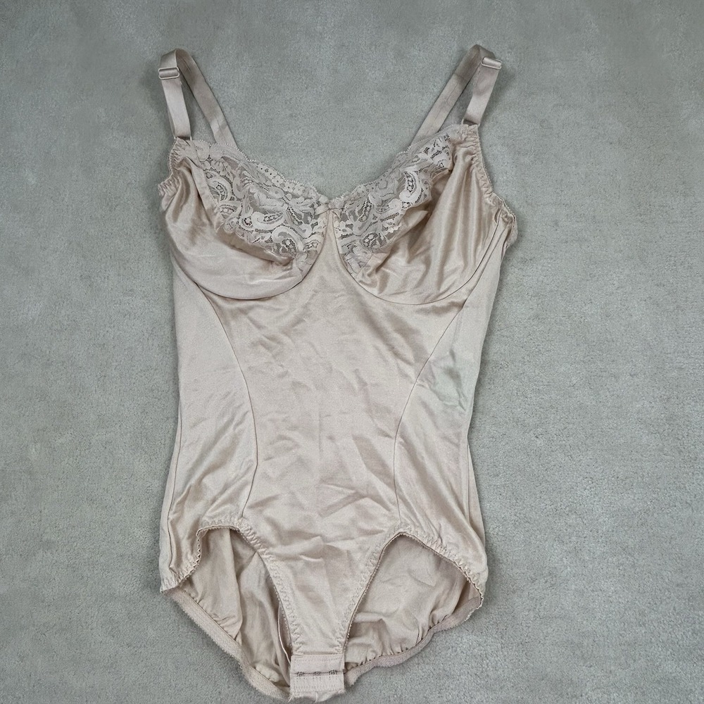 Olga Vintage 38DD Underwire Satin Beige Tan Bodysuit